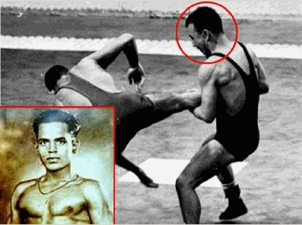 Khashaba Jadhav in a winning bout, with an inset portrait from his competitive years