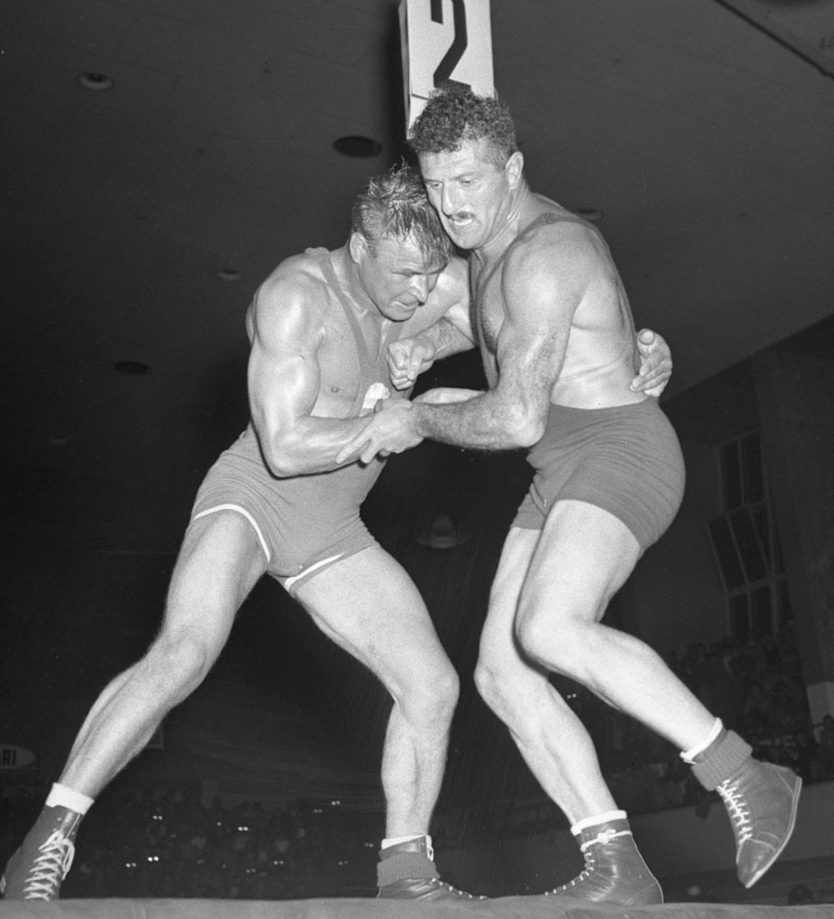 A wrestling bout at the 1952 Helsinki Olympics